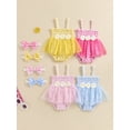 thumbnail image 4 of Aojekbee Baby Girl Summer Outfit, Plaid Daisy Embroidery Sleeveless Shirred Mesh Romper Dress Bow Headband Toddler Set, 4 of 10