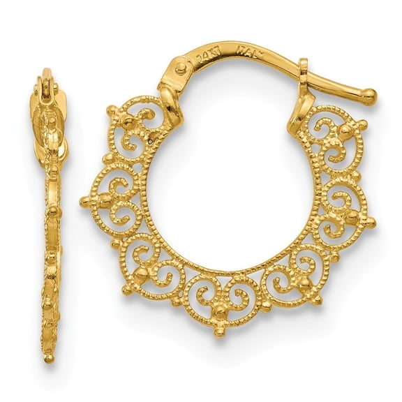 14k Polished Fancy Pattern Hoop Earrings - 1.8 Grams - Measures 19x21mm Wide 9mm Thick
