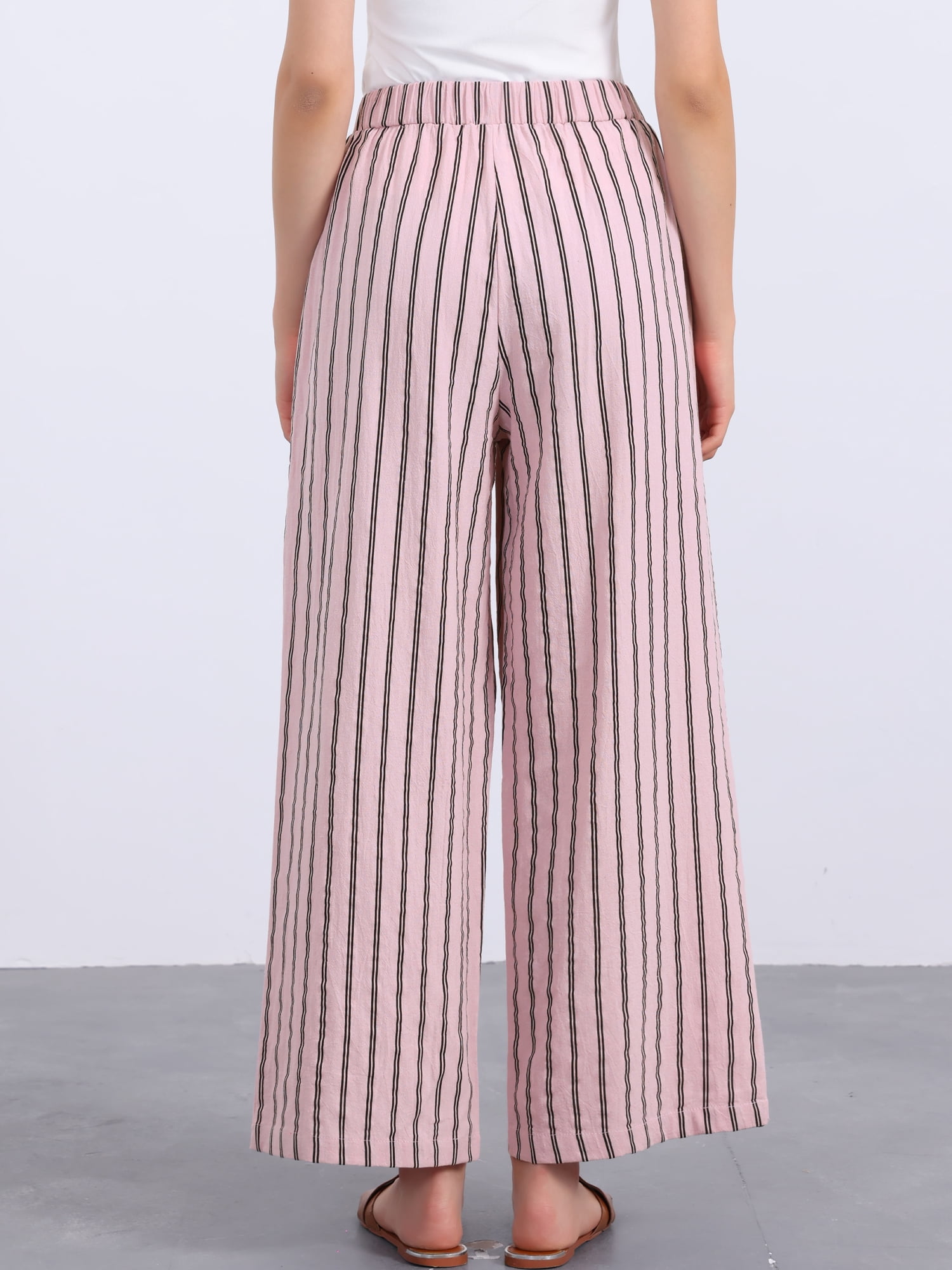 DARING DIVA Women's Stripe Casual Drawstring Wide Leg High Waist Pants L Pink