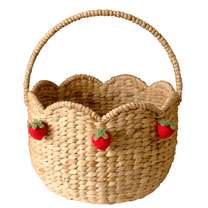 Handwoven Scalloped Basket with Handle – Natural Seagrass Storage with Strawberry Accents