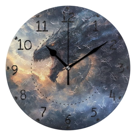 Dragon Growl in Dark Sky Round Wall Clock Silent Analog Battery Operated Black Pointer Home Decor 9