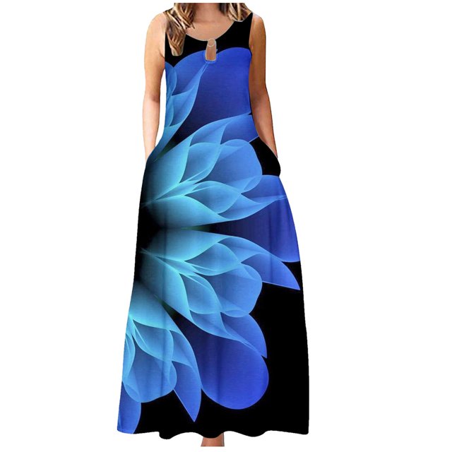 EQWLJWE Robes d'Été pour Femmes 2023 Robe Longue Sans Manches à Col Rond avec Poche Imprimée Grande Robe d'Été pour Femmes 2023