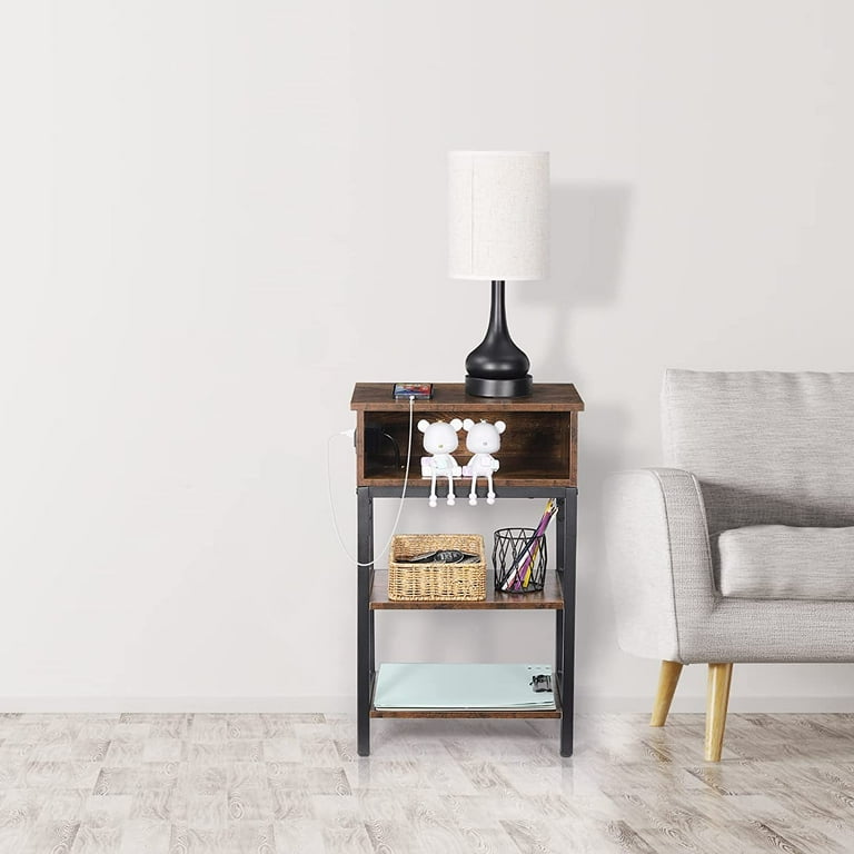 Oumilen Western Home 24.8" End Table 3 Layers with Charging Station, Rustic Burnt Wood
