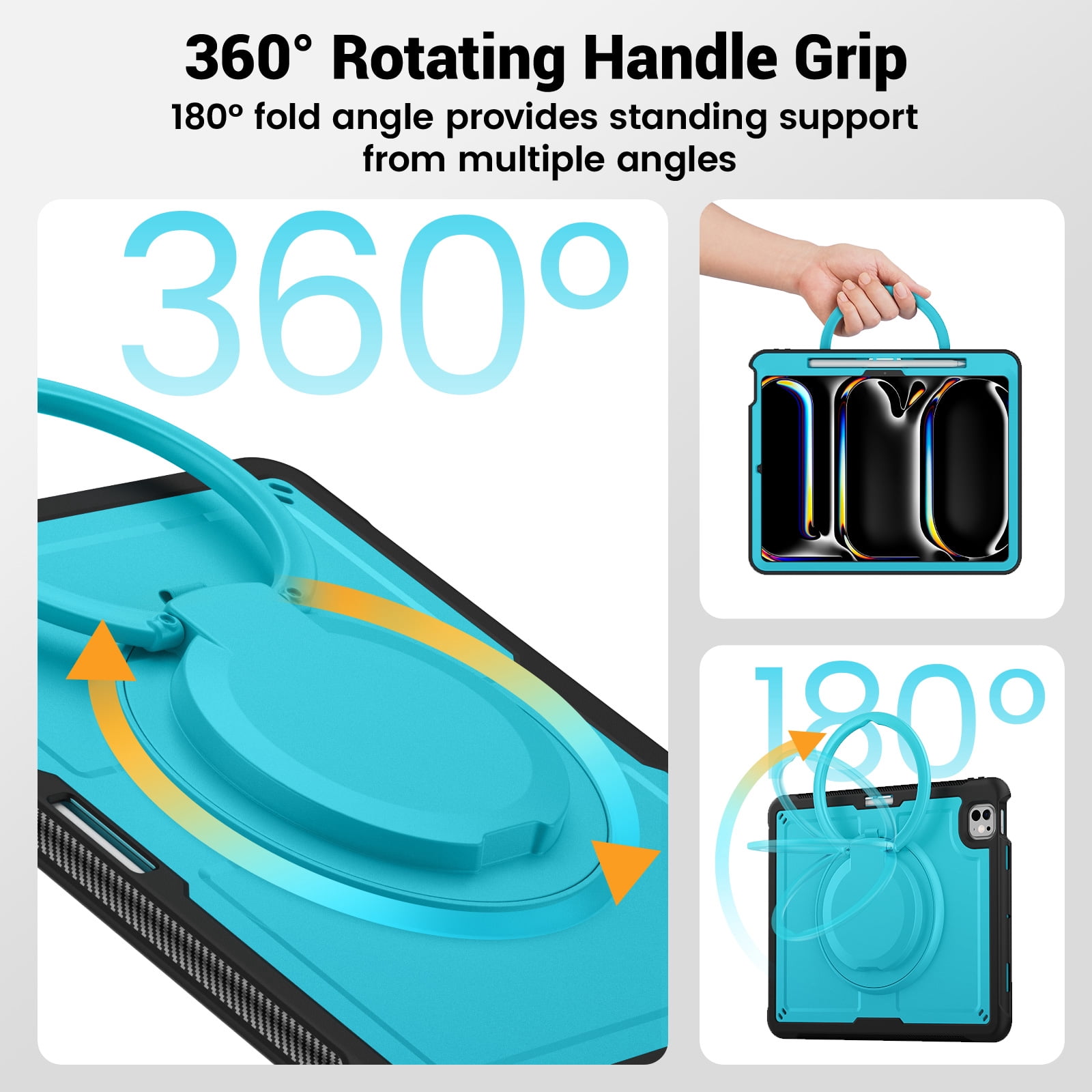 Shockproof Case for Apple iPad Pro 13 Inch 2024, Rugged Hybrid Protective Cover with Pencil Holder & Shoulder Strap Kids Friendly Rotating Kickstand Case for iPad Pro 13" 2024 M4,Lightblue
