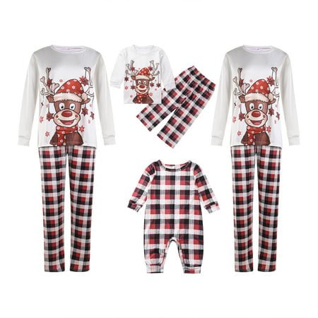 

HESHENG Christmas Family Pajama Matching Set Reindeer PJs Long Sleeve Tops + Plaid Pants Xmas Sleepwear