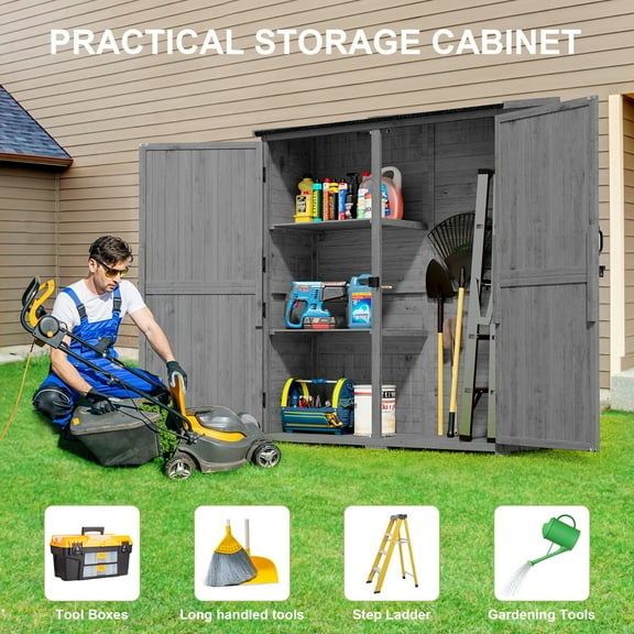 Lofka Wooden Outdoor Storage Shed with Asphalt Roof - Solid Fir Wood Garden Cabinet, Gray