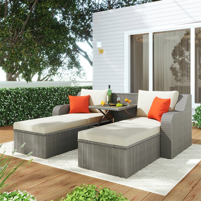 Canddidliike Patio Double Chaise Lounge Sectional Sofa with Lift Top Side Table, Beige Cushions Brown Wicker
