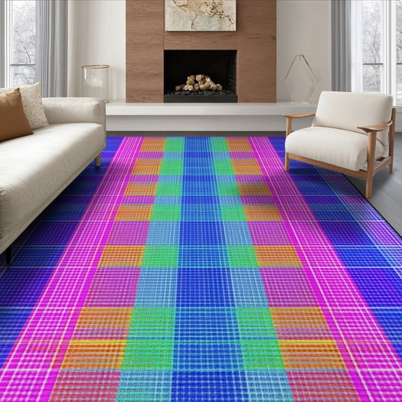 ODIKA 8'x10' Washable Area Rug Durable, Non-Slip Colorful Checkered Rainbow Checkerboard Grid With Bold Groovy Aesthetic for Living Room, Under Sectional, Family
