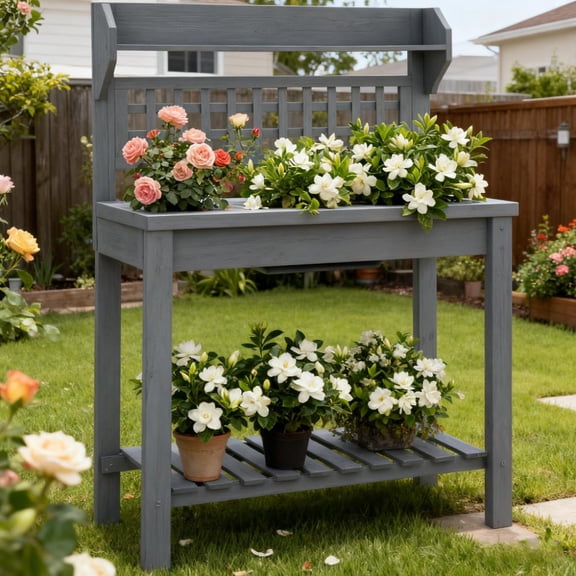 Olurrisa Wooden Workstation,Outdoor Potting Bench Table,with Sliding Tabletop,Storage Shelf and Dry Sink,for Greenhouse,Garden,Patio