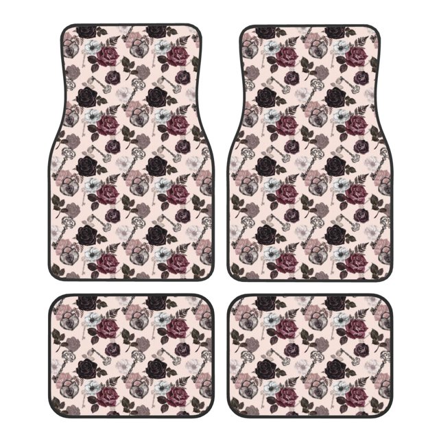 Lsque Retro Red Black Roses Print 4-Piece Floor Mats, Heavy-Duty Rubber Liners, Anti-Slip Design, All-Season Automotive Protection, Vehicles, Cars, Trucks, and SUVs
