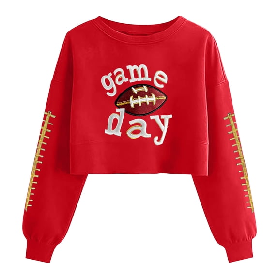 Gamivast Crewneck Sweatshirts Women Game Day Embroidered Football Look Crew Neck Long Sleeve Cropped Sweatshirts Pullover Tops Athletic Daily Wear