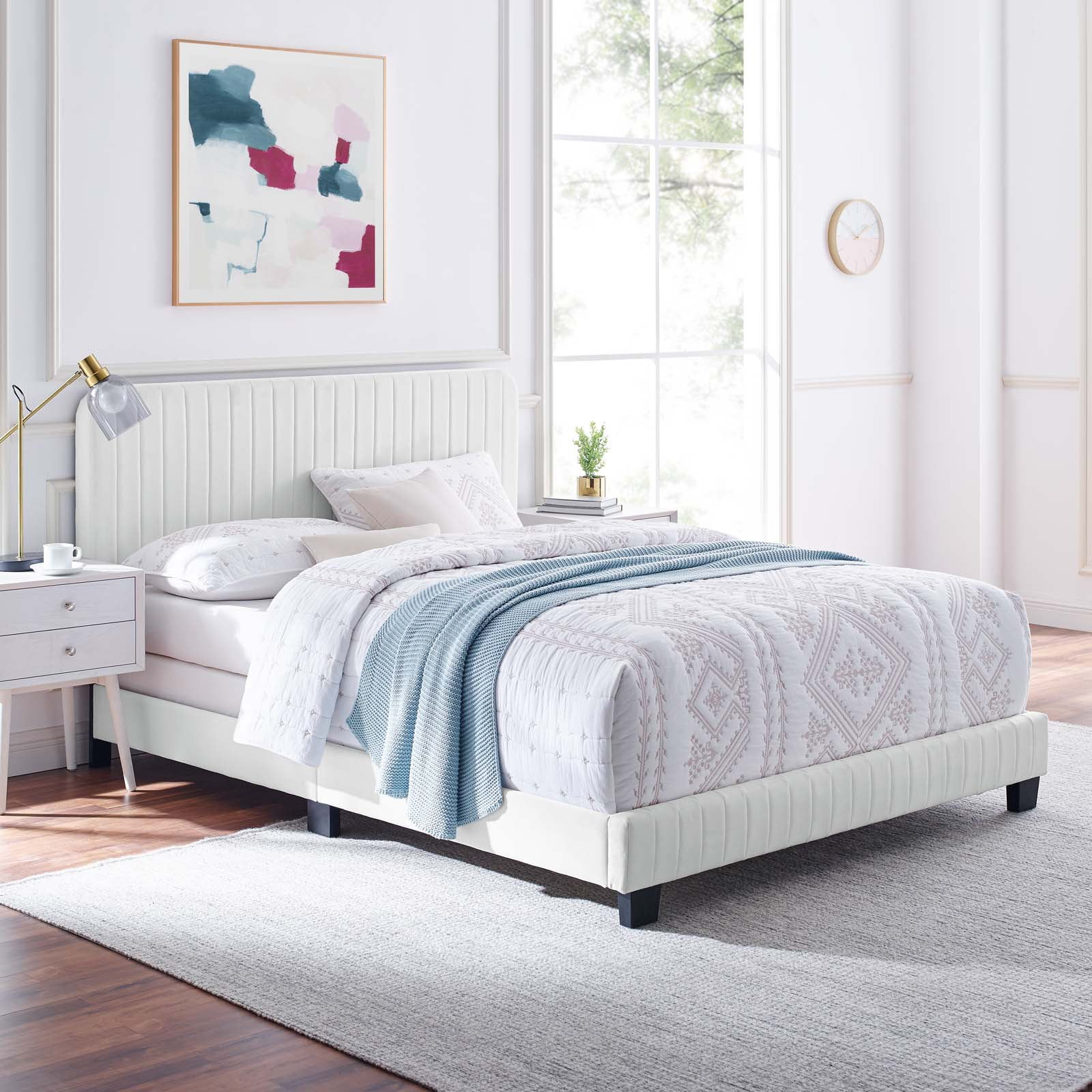 Tufted Platform Bed Frame, King Size, Velvet, White, Modern Contemporary Urban Design, Bedroom Master Guest Suite
