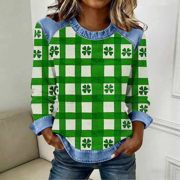 TaTaai Women's Casual Patchwork Shirt Long Sleeve Round Neck Solid Color St Patrick Day Blouse Soft Comfy Lightweight Top Spring Daily Holiday Party Wear Gift
