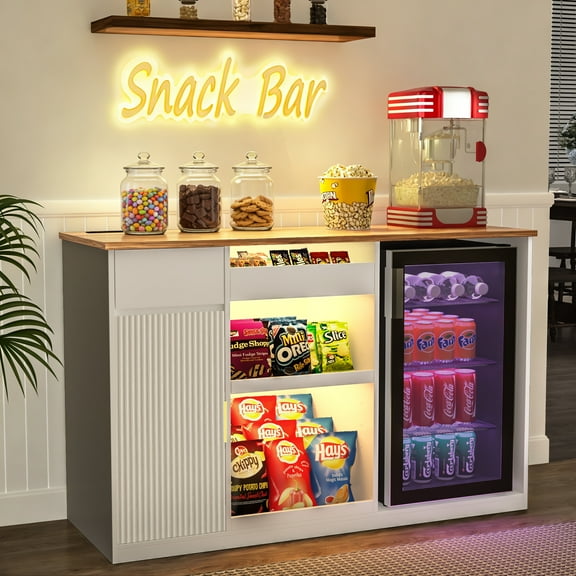 GDLF Snack Bar Cabinet with Fridge Space, Snack Organizer with Storage and Candy Display Shelf, Coffee Station for Home Theater or Game Room, 51.2" L，White