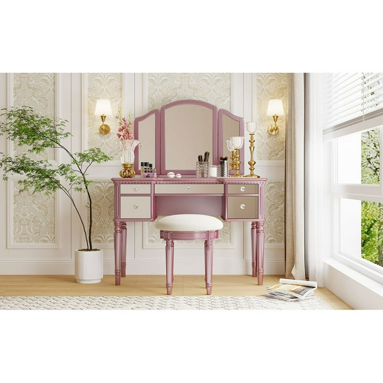 43 Dressing Table Set with Mirrored Drawers and Stool Tri fold Mirror Makeup Vanity Set for Bedroom Rose Gold Walmart