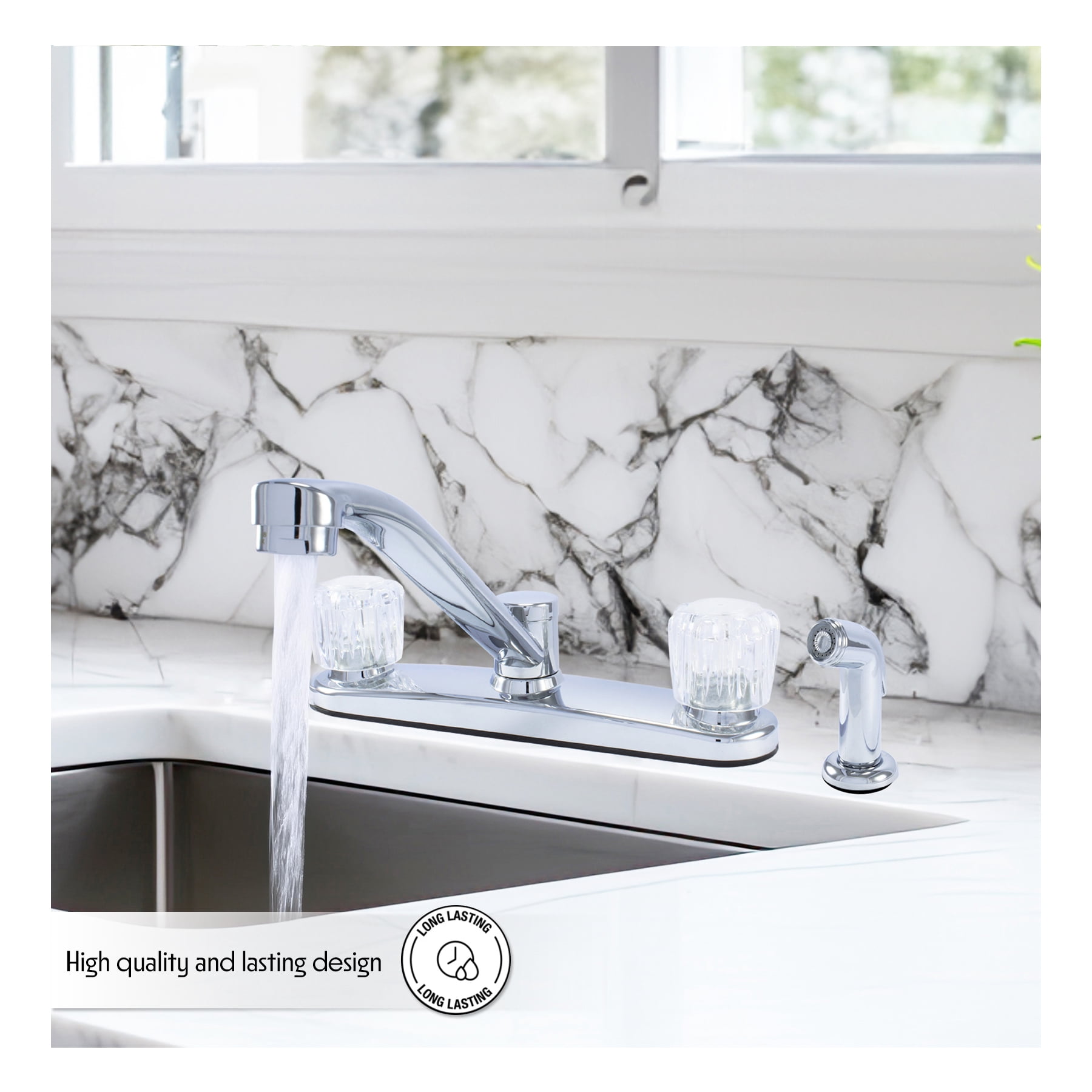 WMF-8237ZM-CP - Hybrid Metal Deck Kitchen Sink Faucet 360 Degree Swivel spout Double Handle Washerless Cart. Less Spray
