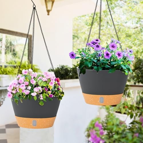 2 Pack 8 Inch Hanging Planters for Indoor Outdoor Plants, Hanging Baskets Flower Pots with Reservoir Tray & Visible Water-Level Dark Grey,8 inch