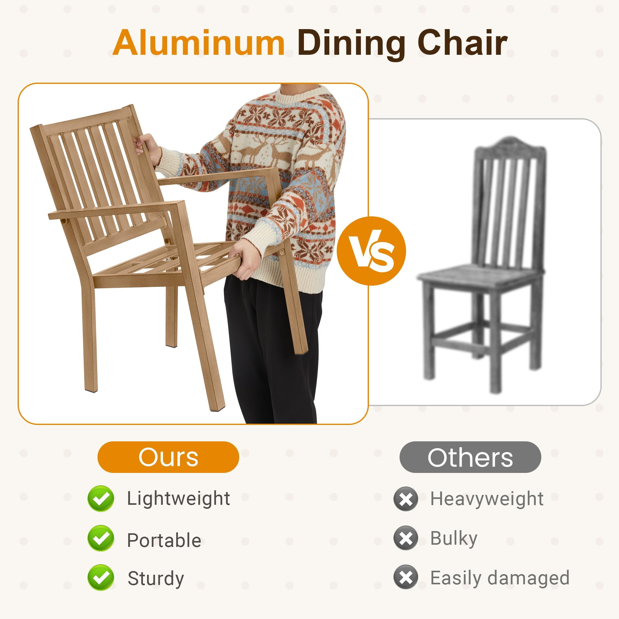 May in Color Patio Dining Chair Set of 2, Aluminum Outdoor Dining Chairs with Waterproof Cushions, Metal Outdoor Patio Furniture Seating for Porch, Balcony, Deck, Backyard, Light Wood Color