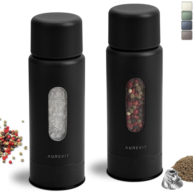 Salt and Pepper Grinder Set Manual, Salt and Pepper Mill with Ceramic/Stainless Steel Core, External Adjustable Coarseness, Refillable, Durable (2 Packs, Black)