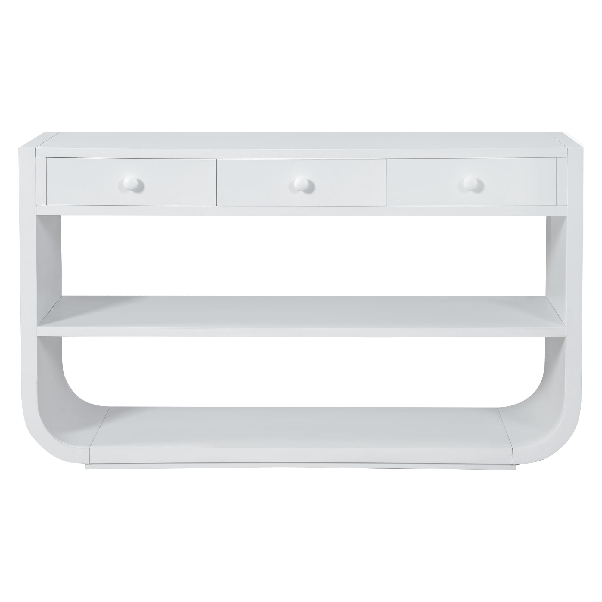 Euroco 55 Inch Curved Console Table with 3 Soft-Close Drawers, 3-Tier Entryway Table with 2 Storage Open Shelves,Wood Narrow Long Sofa Table for Living Room, Hallway, Foyer,White