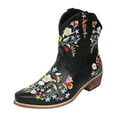 thumbnail image 4 of Cowboy Boots for Women 2025 Winter Fall Retro Flower Embroidered Leather Pointed Toe Wide Mid Calf Cowgirl Boots Boho Vintage Short Dress Ankle Booties, 4 of 7