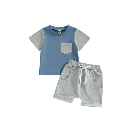 

Wassery Baby Boys Summer Outfits Contrast Color Short Sleeve T-shirt with Breast Pocket and Elastic Shorts Set