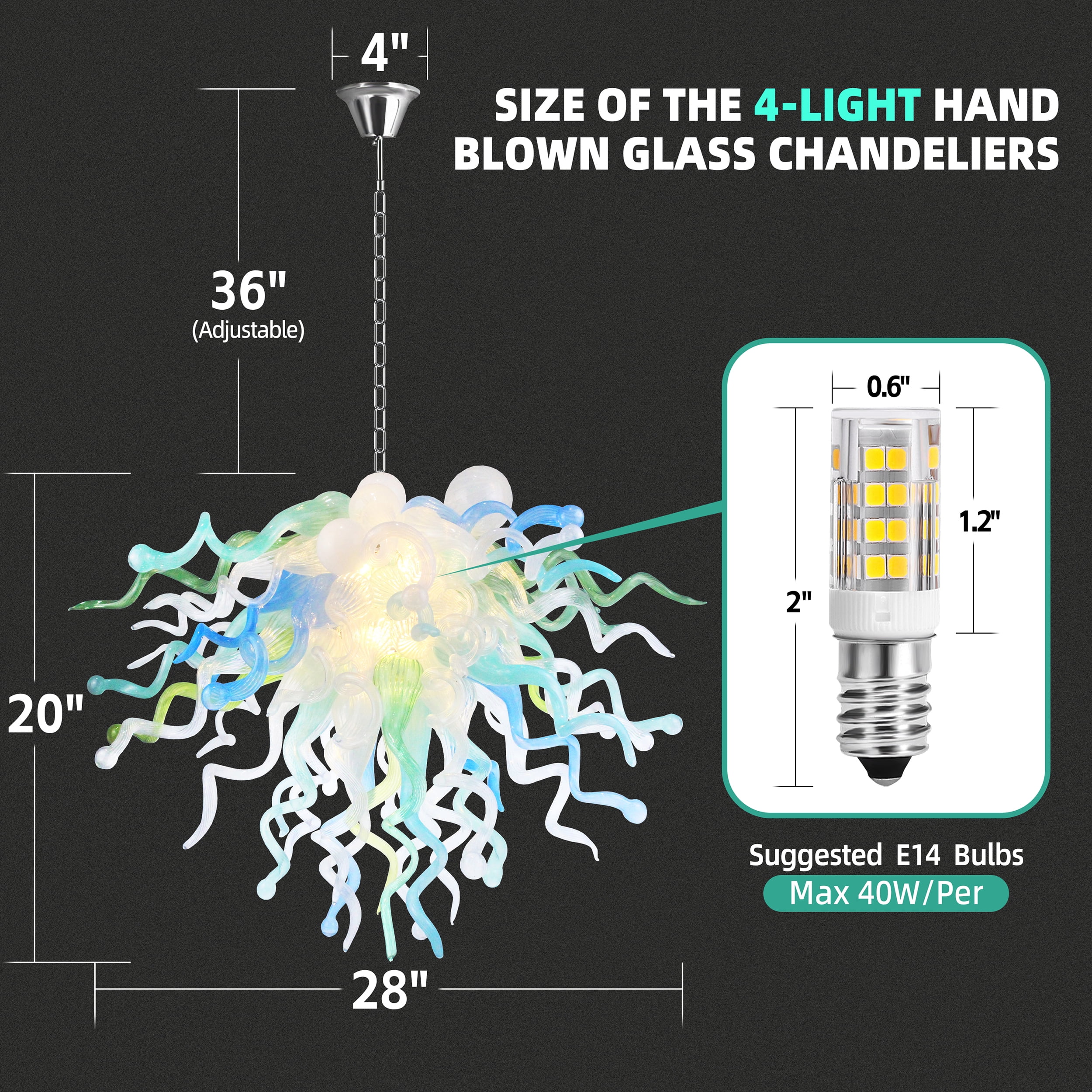 Longree Luxury Chandeliers Modern Hand Blown Glass Art Chandelier Ceiling Light Hanging Pendant Light Fixture Decor for Bedroom Bathroom living room Lobby Staircase Kitchen Island