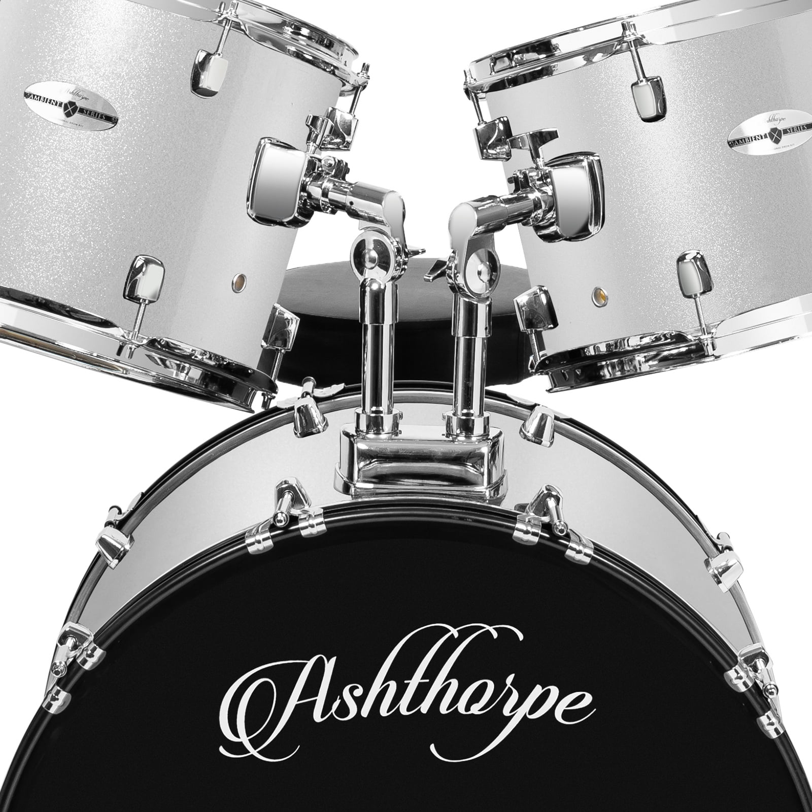 Ashthorpe 5-Piece Full-Size Adult Drum Set with Remo Drumheads & Premium Brass Cymbals - Silver