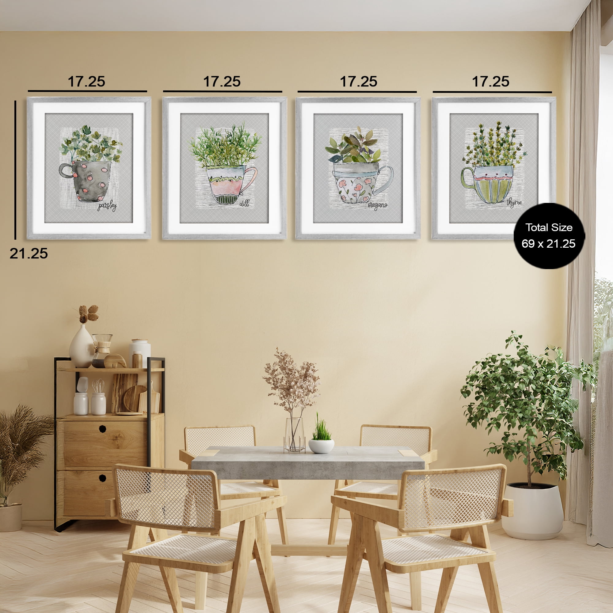 Stupell Industries Kitchen Herbs in Mugs 4 Piece Gray Framed Print Under Glass Set, design by Livi Finn