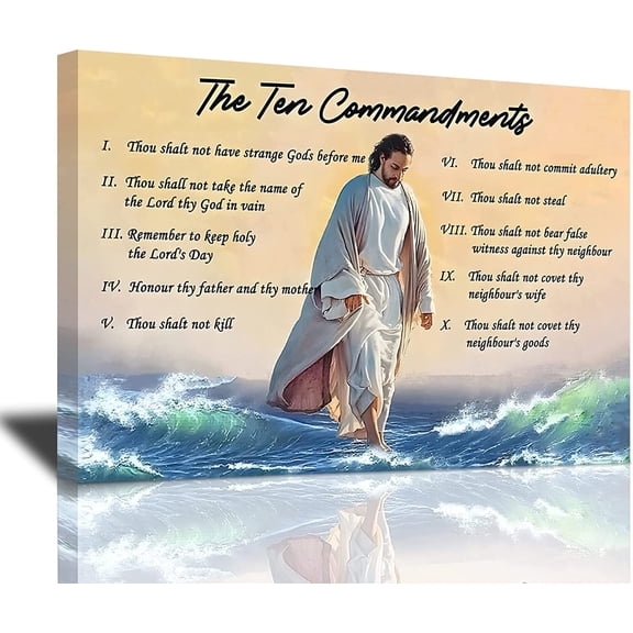 The Ten Commandments 10 Commandments Wall Art Christ Jesus Walking on the Sea Wall Decor Christ Bible Framed Artwork for Religious Church Prayer Room Bedroom Living Room Home Décor