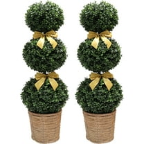 38''Artificial Boxwood Ball Topiary Trees, Triple Balls Faux Topiaries Tree Store Garden Indoor&Outdoor for Porch Home Decor 2 Pack