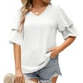 thumbnail image 4 of Sakmal Womens Tops&nbsp;Clearance Under $5 White Short Sleeve Solid V-Neck Double Puff Sleeves Blouses Womens Shirts, 4 of 4