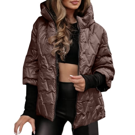 ZHOUCHANKIDS Women s Long Loose Fit Hooded Coat with Patchwork Design for Everyday Outerwear Comfort Brown XXXL