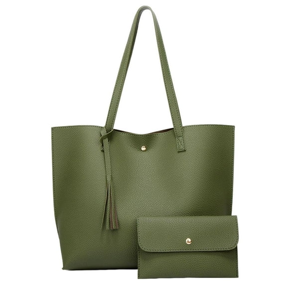 Stylish Women Leather Tote Purse Set Shoulder Bag Women Bags with Tassels Large Green