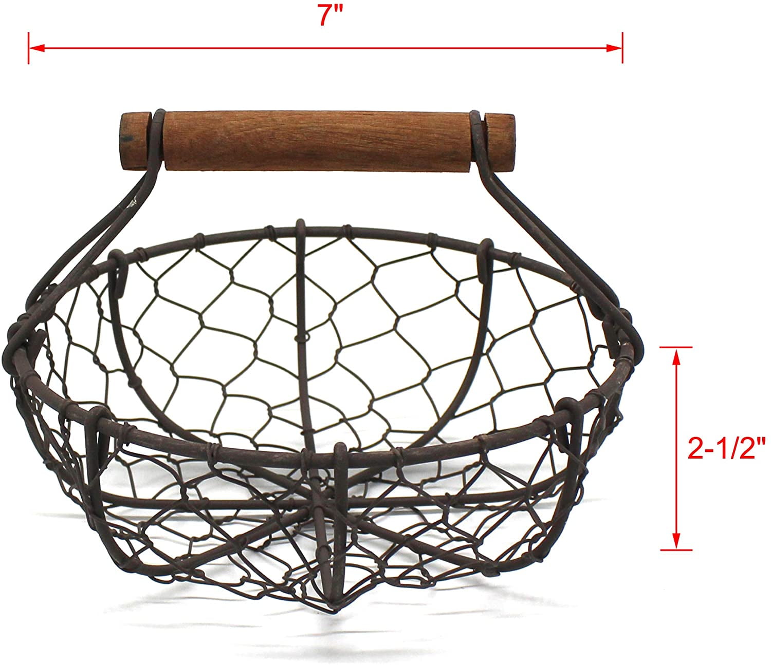 S/2 Oval Chicken Wire Egg Baskets Rust Gathering Baskets with Wooden Handle 