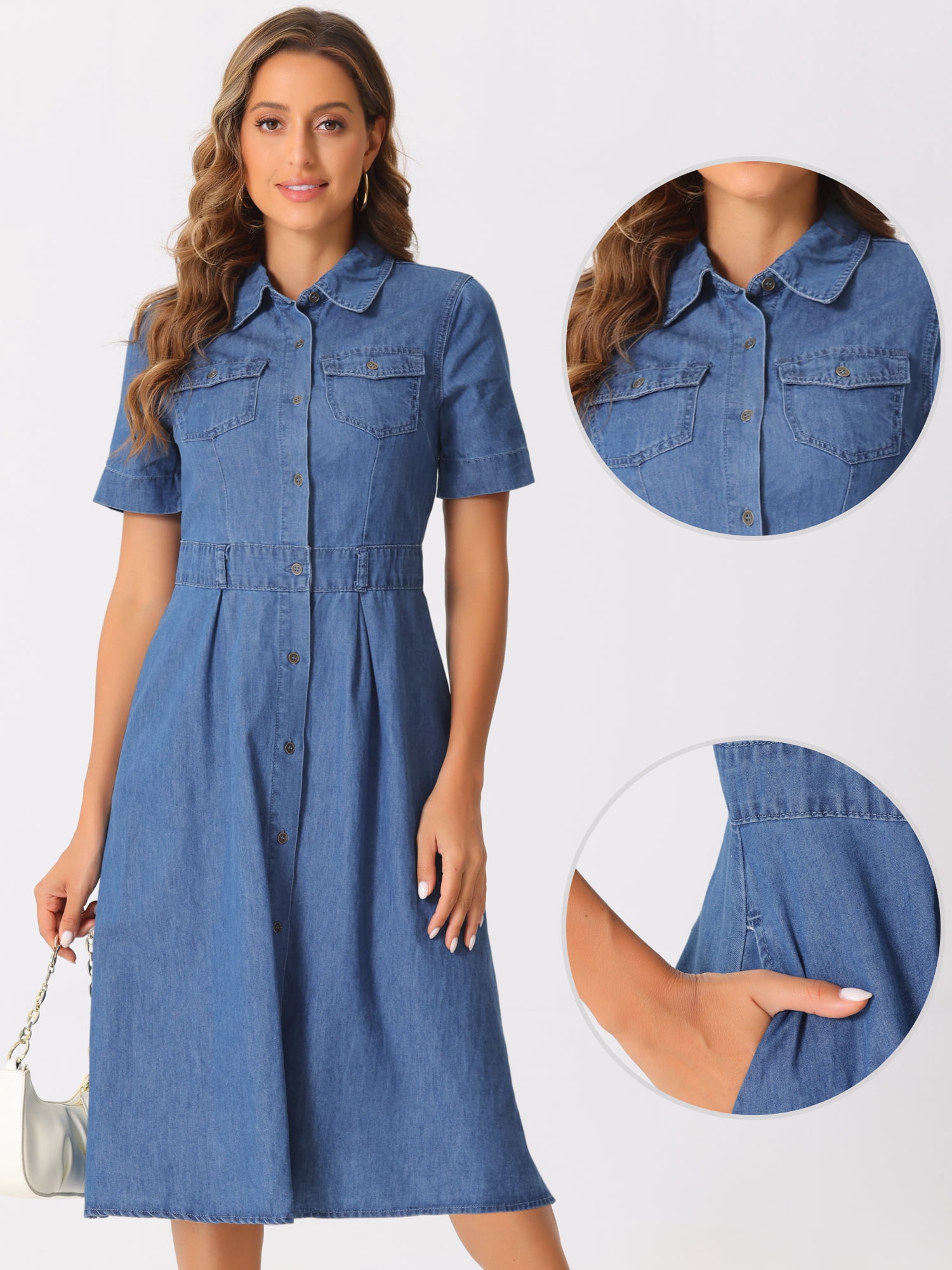 DARING DIVA Denim Collared Short Sleeve A-Line Midi Dress S Blue