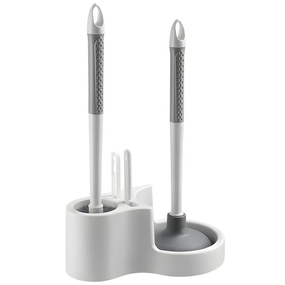 4 in 1 Toilet Bowl Brush And Plunger Set, Plastic, Wall Mount, 14.6 in, White & Gray, Toilet Brush Set for Bathroom, Toilet Brush and Holder Set, Space Saving