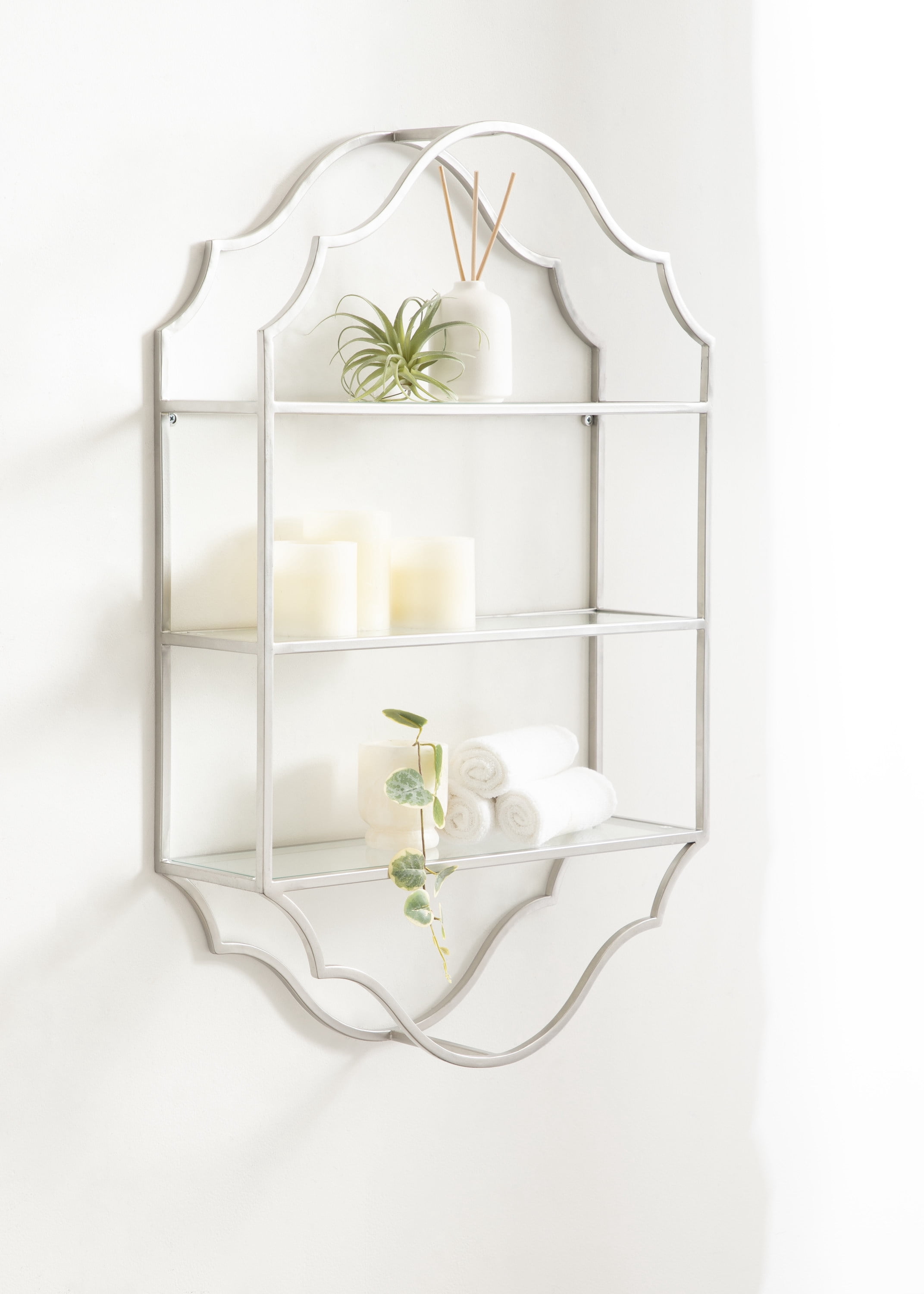 Kate and Laurel Leanna Three-Tiered Wall Shelf, 20 x 32, Silver, Decorative Floating Shelf Storage and Wall Organizer for Bathroom Over Toilet Storage or Display