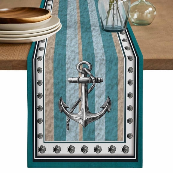 Table Runner 70 Inches Long for Kitchen Dining, Blue Beige Anchor Dresser Scarf Farmhouse, Dining Table Decorations for Wedding/Parties, Nautical Summer Beach Coastal Ocean 13 x 70 In
