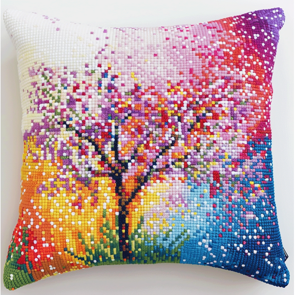 Cross Stitch Cushion Cover Colorful flower tree Embroidery Pillow Cases Needlepoint Kits 18x18in