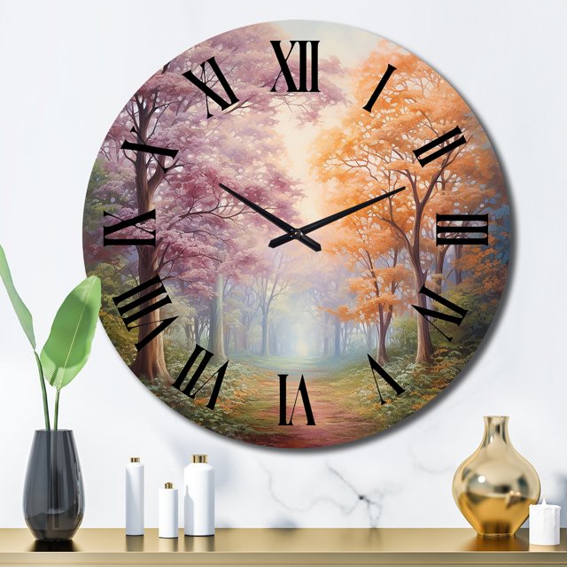 Designart "Arbres Roses Aiment l'Expression de la Rivière II" Paysages Surdimensionnés Horloge Murale