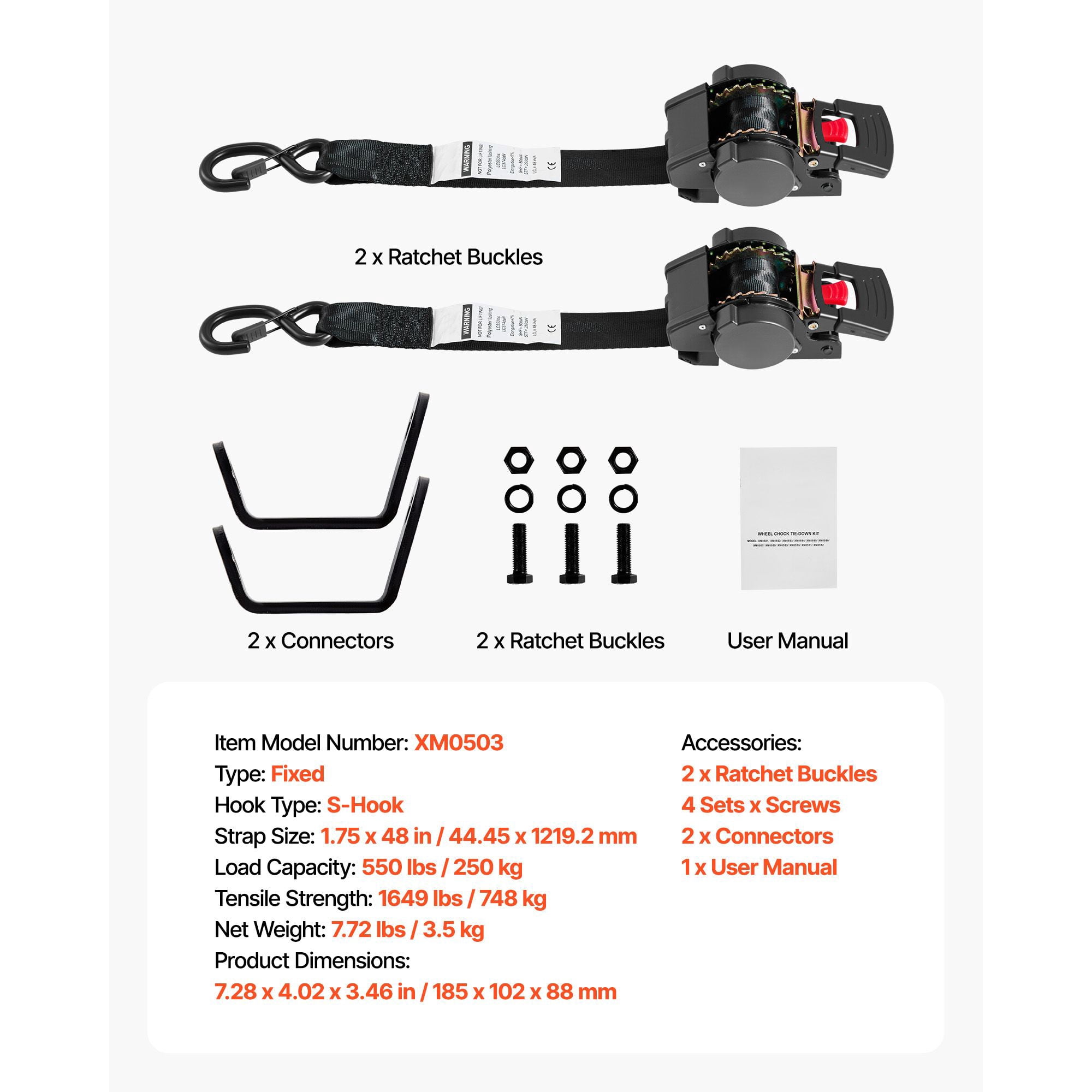 Car Tie Down Kit with 2 Straps, 550 lbs Capacity, Ratchet Tensioner, S-Hooks, for Trailer Boat Snowmobile Transport