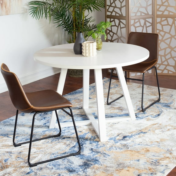3-Piece Dining Table and Chair Set, Wooden Kitchen Table Set, Farmhouse Round Trestle Table and 2 Stylish Chairs, Mid-Century Dining Table Set for Dining Room, Kitchen, Living Room, Brown