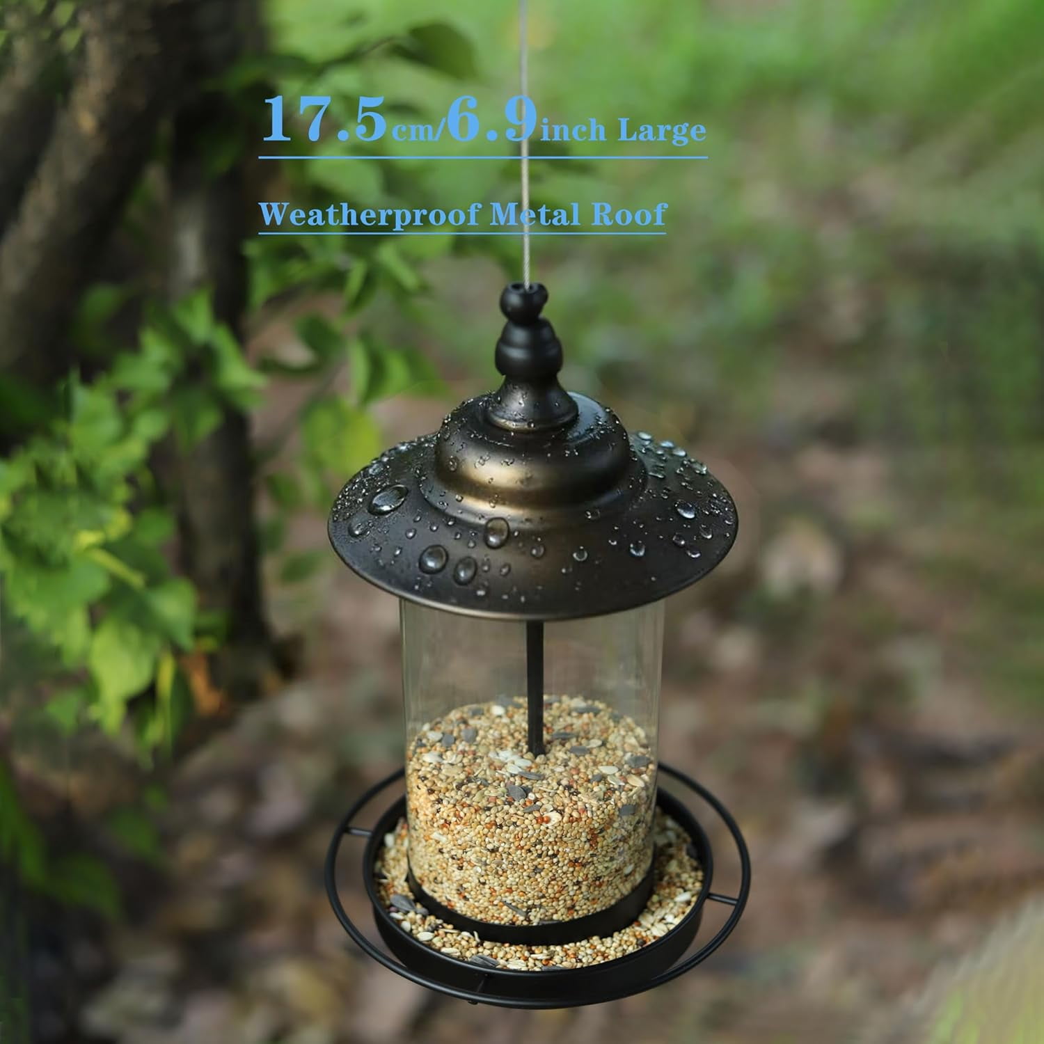 Bird Feeders for Outdoors,Hanging Bird Feeder with Locking Lid, Metal Birdfeeder with 17.5cm Weatherproof Large Roof&Tray,3 Feeding Perches,Chew-Proof, Black,1 Pack$$Garden & Patio