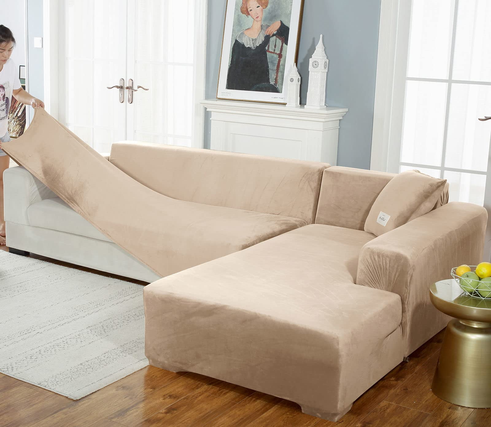 Sectional Couch Covers, Stretch Sofa Cover Velvet L-Shaped Sofa Cover Soft Non Slip Furniture Protector for Corner Sofa-Pink-3 Seater+3 Seater
