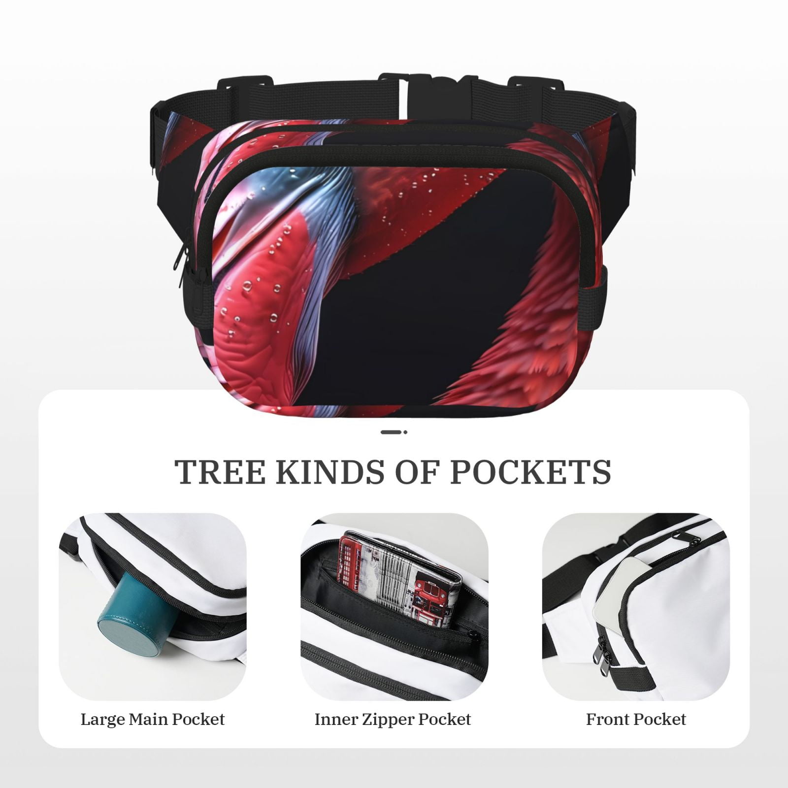 Picia Closeup Red Flamingo Portrait Print Square Double-Layer Waist Bag Mini Adjustable Waist Belt Bag Exercise Running Travel Hiking