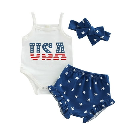 

Musuos 4th of July Baby Girls Strap Romper Tank Tops Elastic Waist Shorts Headband