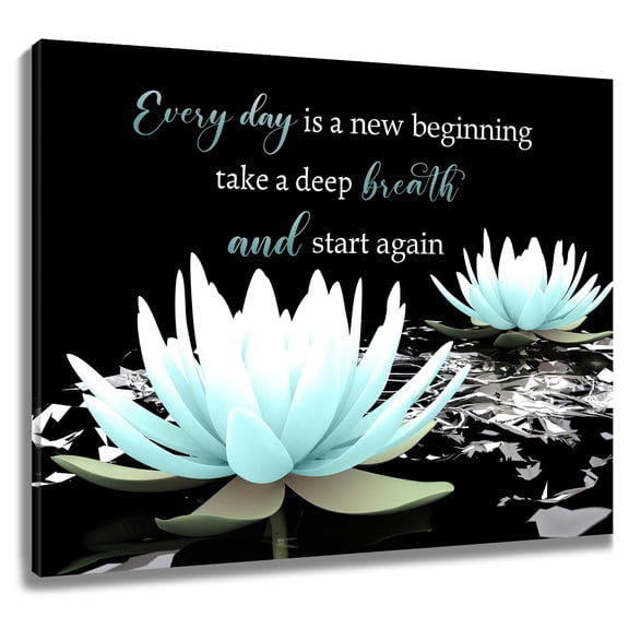 HVEST Teal Floral Wall Art Inspirational Quotes with Water Lily Canvas Wall Art Zen Yoga Spa Black Framed Wall Decor for Living Room Bathroom Bedroom Home, 12 X 12 inches