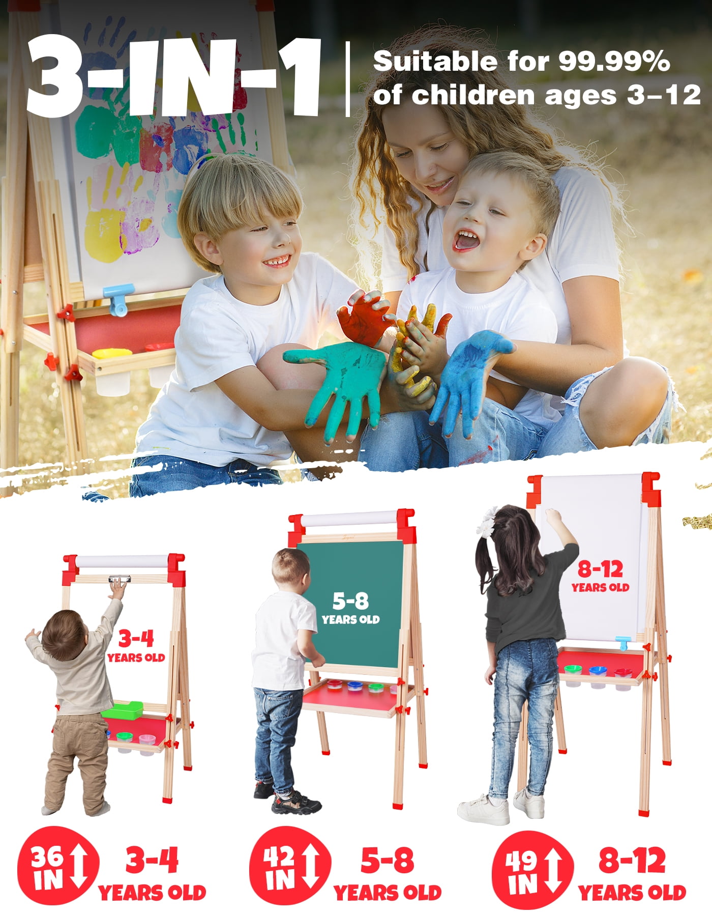 Joyooss Kids Double-Sided Adjustable Whiteboard & Chalkboard Wooden Art Easel
