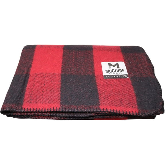 M MCGUIRE GEAR Warm Wool Bunkhouse Plaid Blanket for Camping, Home, Survival, or First-Aid, 64" x 90" (Red/Black)